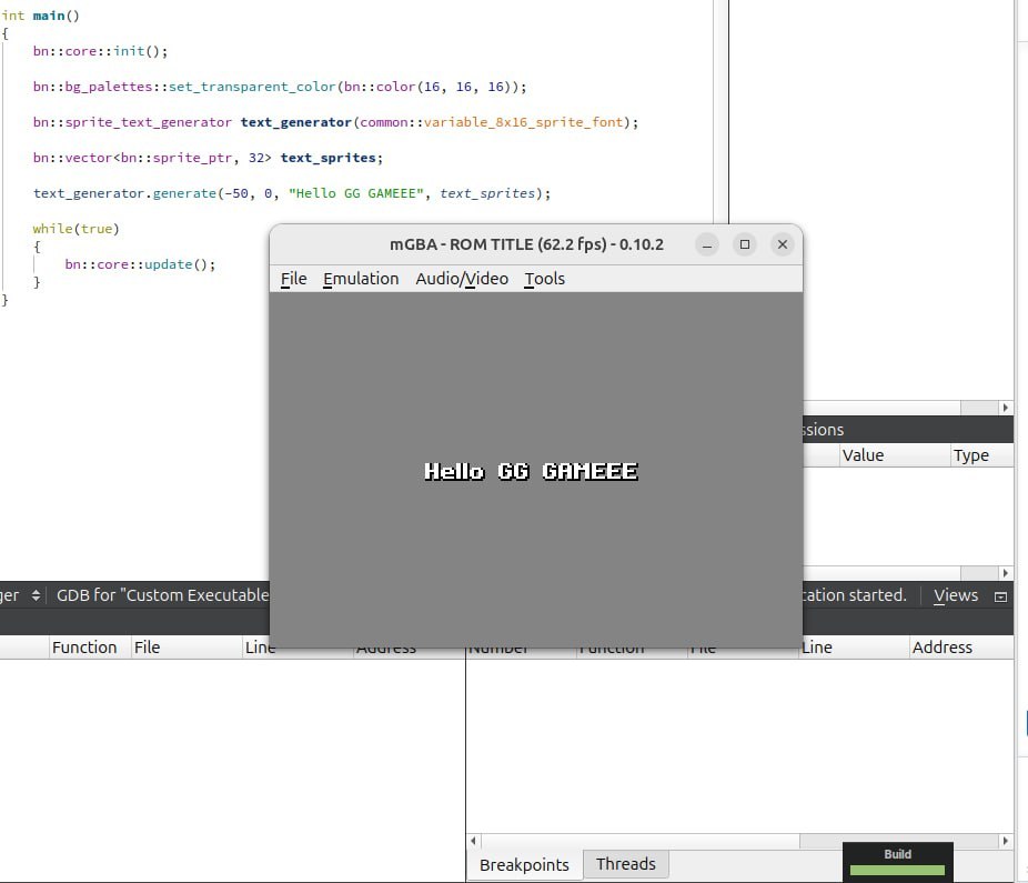 O código em C++ com Butano no editor e, por cima, o mGBA rodando a ROM com o texto "Hello GG GAMEEE" na tela