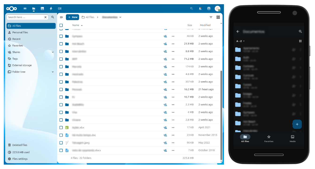 NextCloud NextCloud interface. Web on the left and app on the right