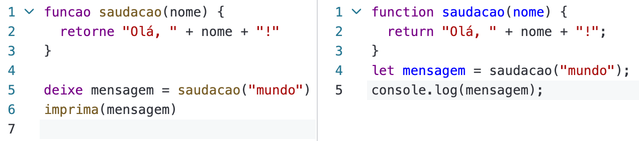 Código JavaScripto na esquerda | Código JavaScript na direita
