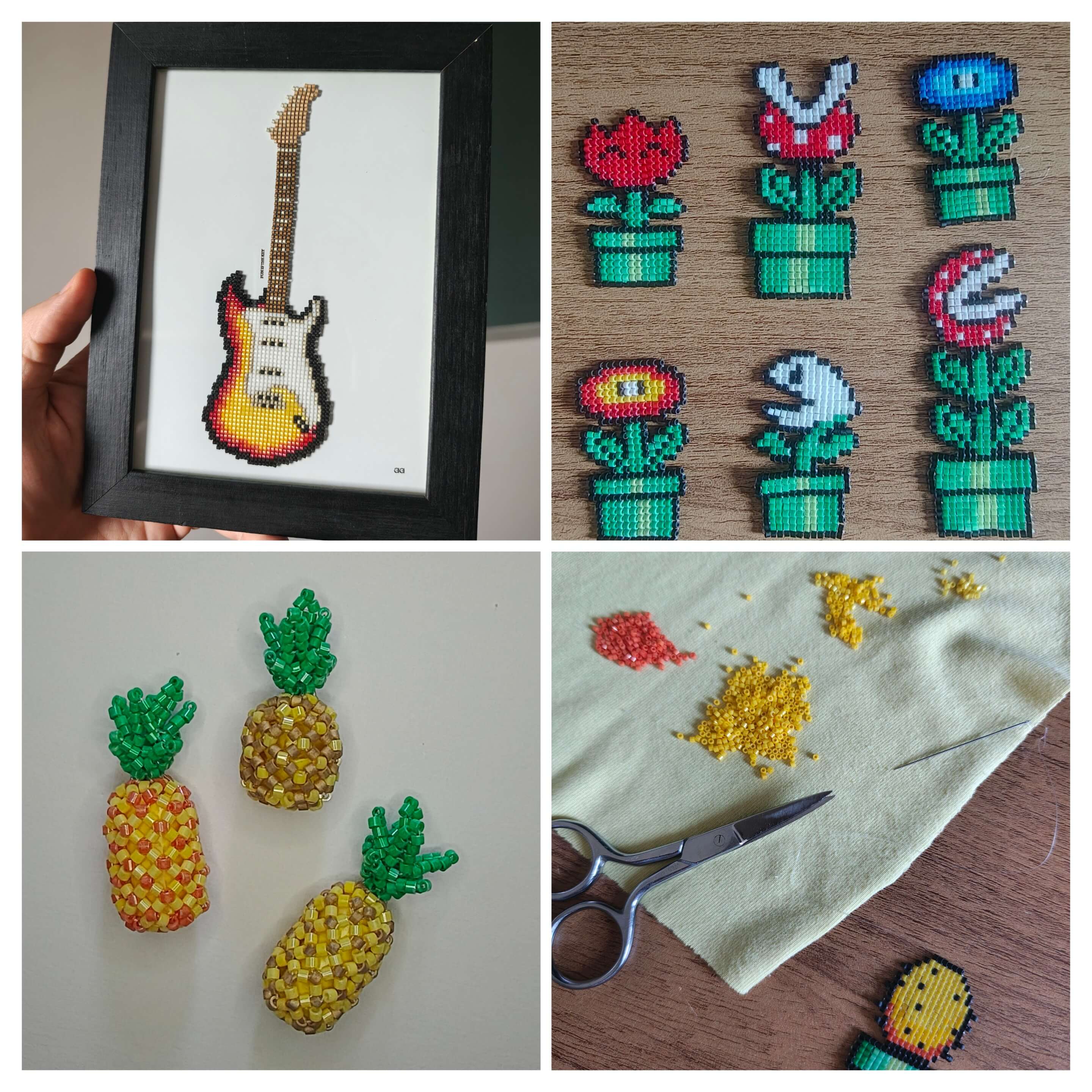 Guitarra, flores, abacaxis e um trabalho em andamento